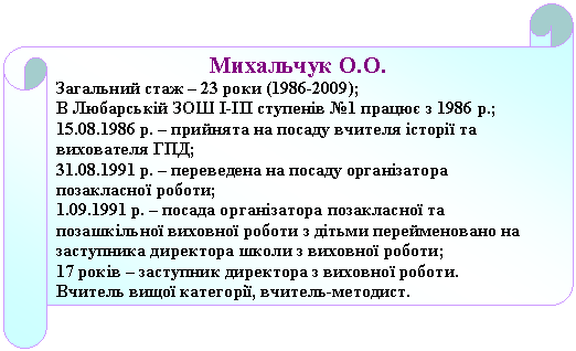 Горизонтальный свиток: Михальчук О.О.
Загальний стаж – 23 роки (1986-2009);
В Любарській ЗОШ І-ІІІ ступенів №1 працює з 1986 р.;
15.08.1986 р. – прийнята на посаду вчителя історії та вихователя ГПД;
31.08.1991 р. – переведена на посаду організатора позакласної роботи;
1.09.1991 р. – посада організатора позакласної та позашкільної виховної роботи з дітьми перейменовано на заступника директора школи з виховної роботи;
17 років – заступник директора з виховної роботи.
Вчитель вищої категорії, вчитель-методист.


